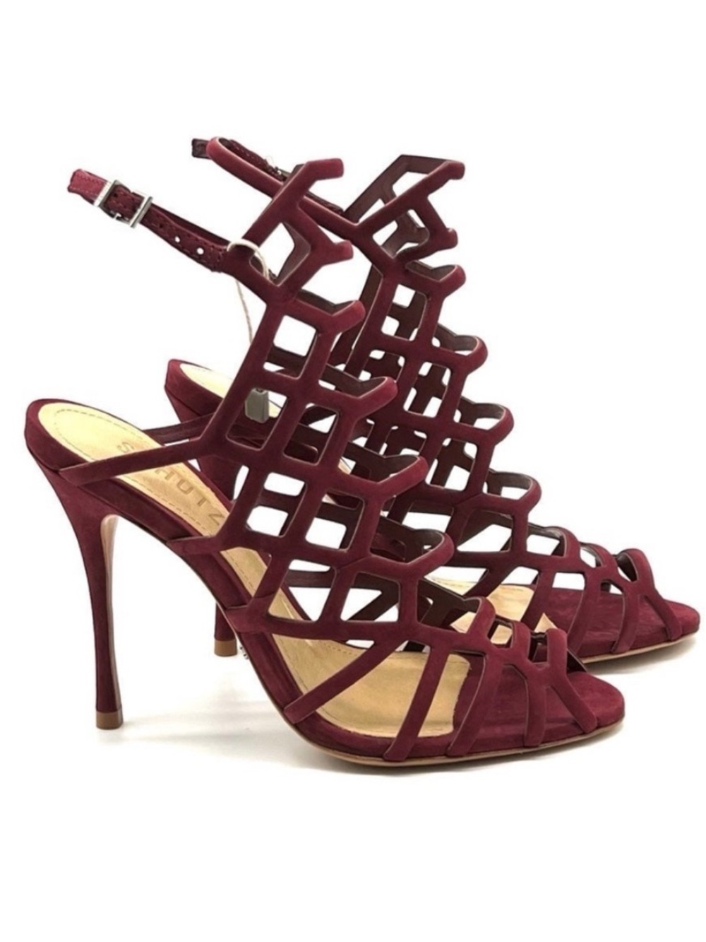SCHUTZ Juliana Burgundy Strappy Cage Heeled Stiletto Sandals - Size EU39